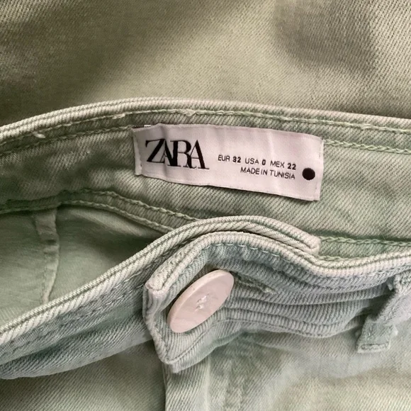 Zara Light Green High Waist Flare Leg Raw Hem Stretch Denim Jeans Size 0 - Picture 6 of 6